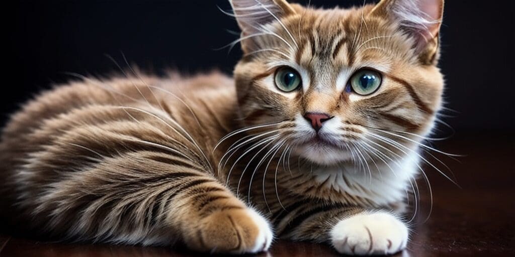 A close-up of a brown tabby cat with green eyes, looking to the right.