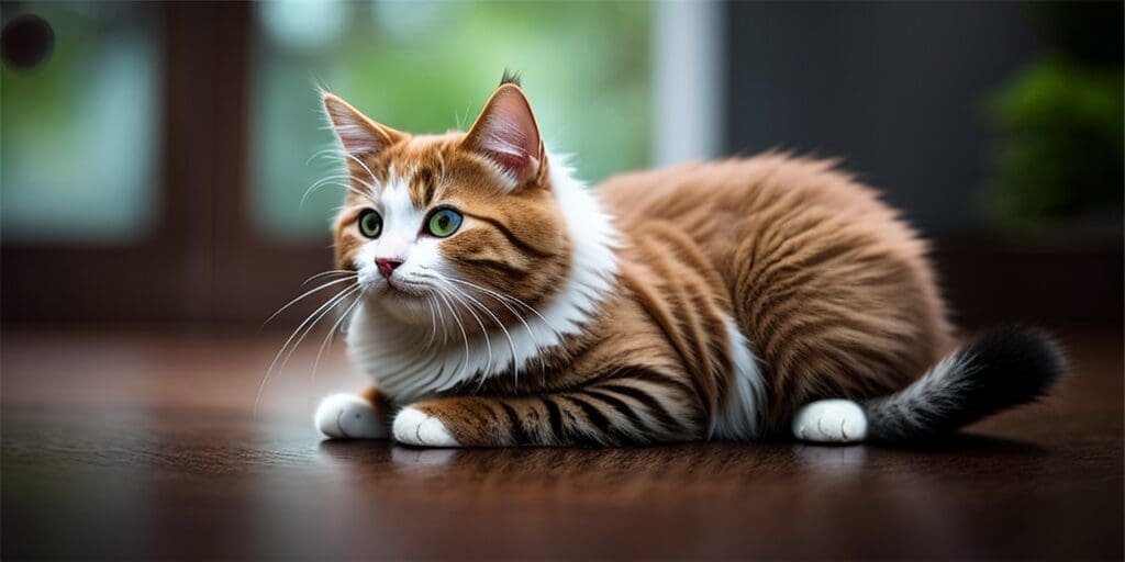 A ginger and white cat is sitting on the floor looking to the side with green eyes. The cat has a white belly and white paws.