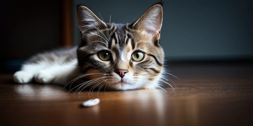 A cat is lying on a wooden floor in front of a dark background. The cat has brown fur and white paws, and it is looking up at the camera with its green eyes. There is a white object on the floor in front of the cat.