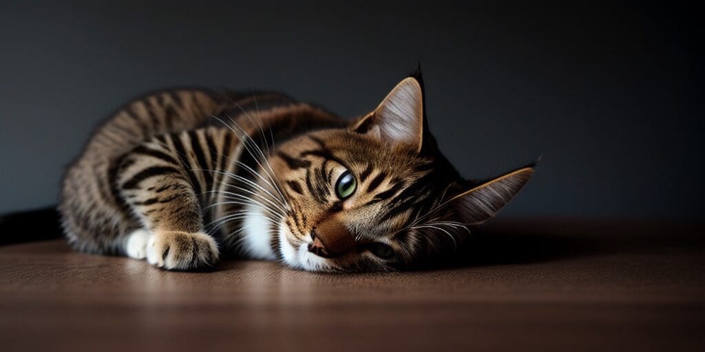 A brown tabby cat is lying on a brown wooden table. The cat has its eyes closed and is resting its head on its paws.