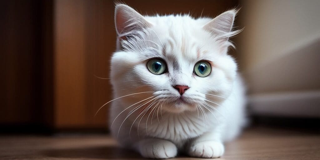 A white cat with green eyes is sitting on the floor and looking at the camera. The cat has long, fluffy fur and a pink nose.