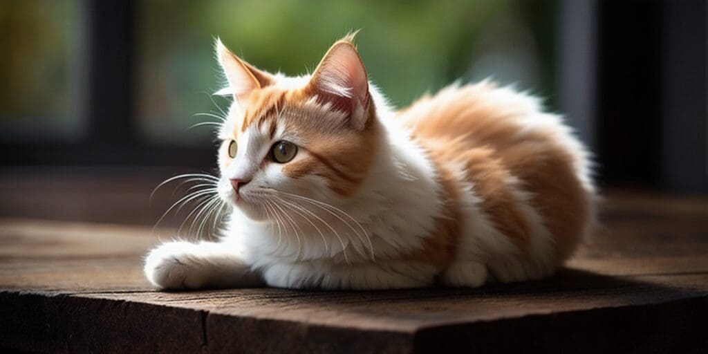 A ginger and white cat is lying on a wooden table, looking to the side. The cat has green eyes and a pink nose. Its fur is fluffy and its tail is curled around its paws. The background is blurry and there is a green plant in the distance.