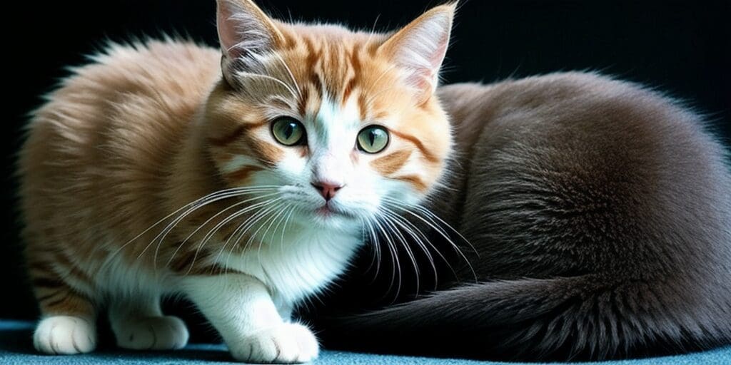A ginger and white cat is sitting on a blue surface. The cat has its ears perked up and is looking at the camera. There is a gray cat in the background.