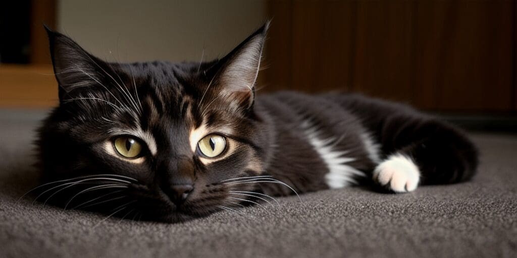 A black cat is lying on a gray carpet. The cat has green eyes and a white belly.