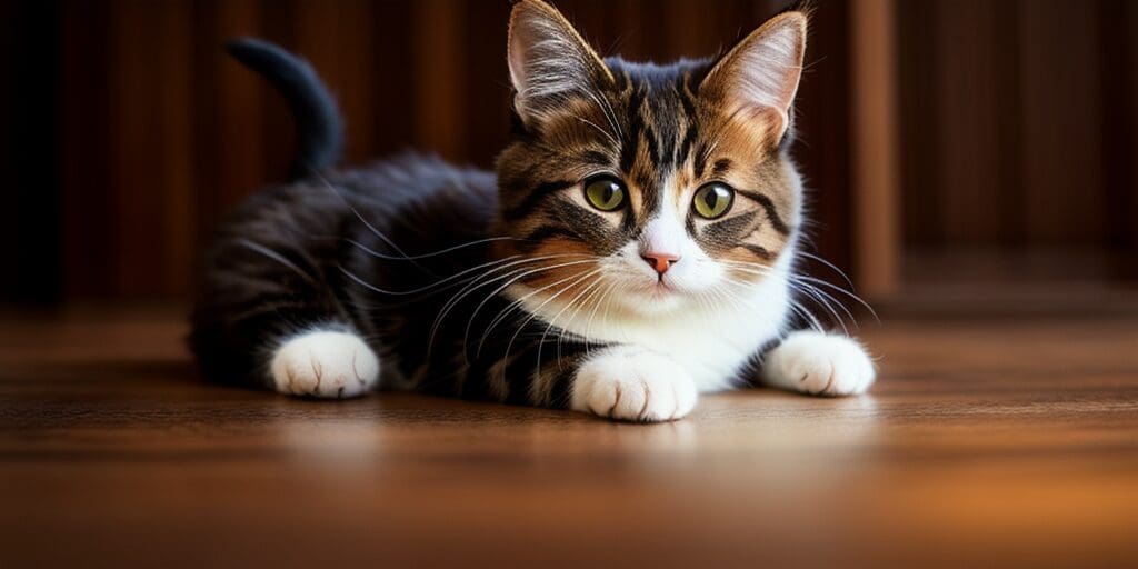 A cute cat is lying on the floor and looking at the camera. The cat has brown, black, and white fur.