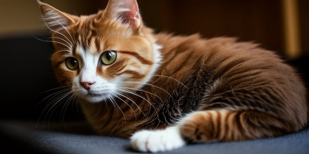 A ginger and white cat is lying on a gray couch. The cat has green eyes and is looking at the camera.