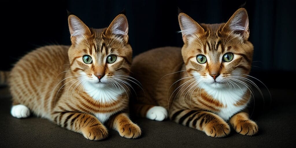 Two identical cats with big green eyes are sitting side by side, looking at the camera. The cats have brown fur with dark brown stripes and white paws and bellies. They are sitting on a brown surface against a dark background.