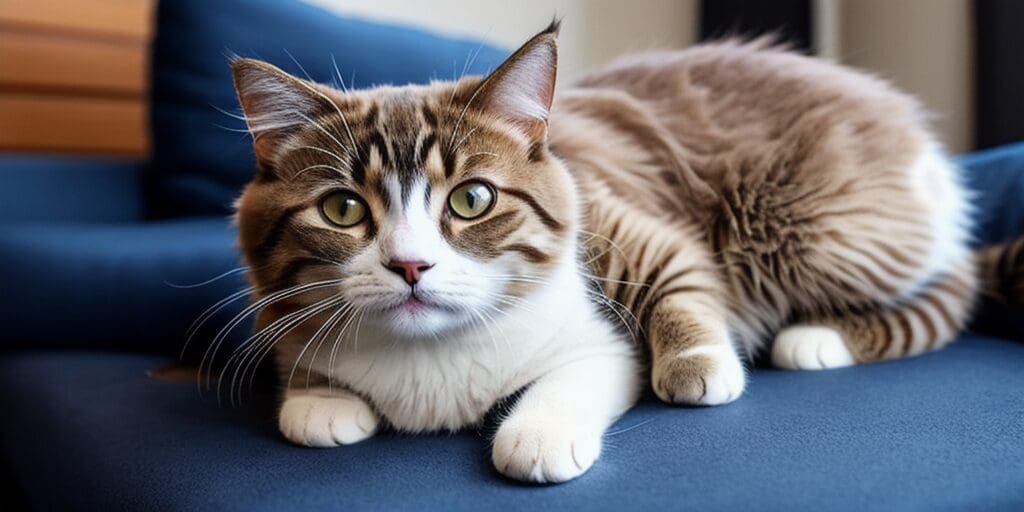 A brown and white cat is sitting on a blue couch. The cat is looking at the camera with its green eyes.