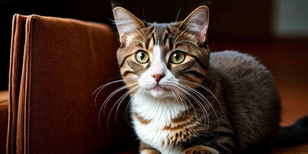 A brown tabby cat with white paws and a white belly is sitting on a brown couch. The cat has green eyes and is looking at the camera.