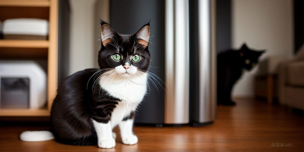 A black and white cat is sitting on a wooden floor in front of a stainless steel trash can. The cat has green eyes and is looking at the camera. There is a black cat in the background.