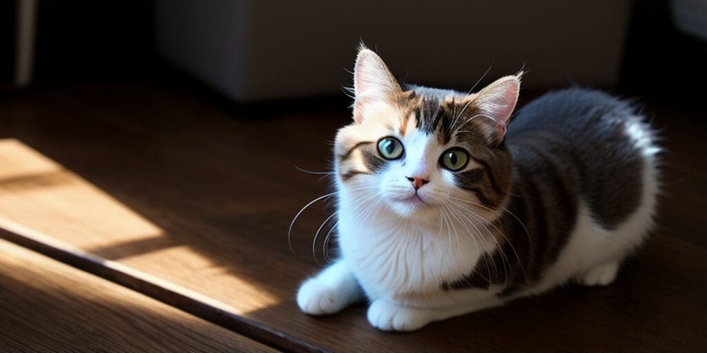 A cute cat with wide green eyes, a pink nose, and a white mustache is sitting on a wooden floor. The cat has brown and white fur, and is looking up at the camera.