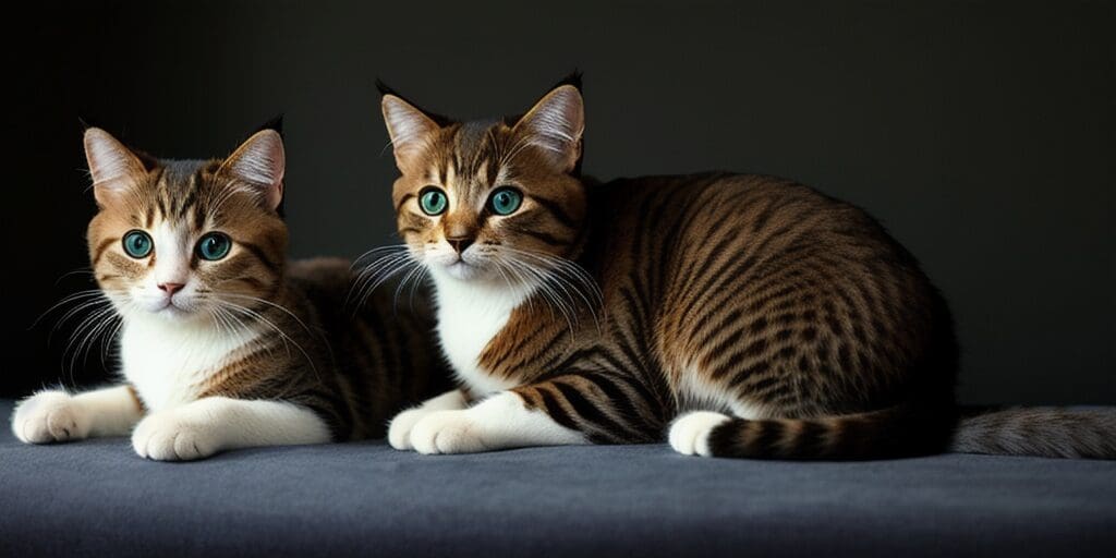 Two cats with green eyes are sitting on a gray surface. The cat on the left is smaller than the cat on the right. The cat on the right has brown fur with dark brown stripes, and the cat on the left has a white chest with brown patches.