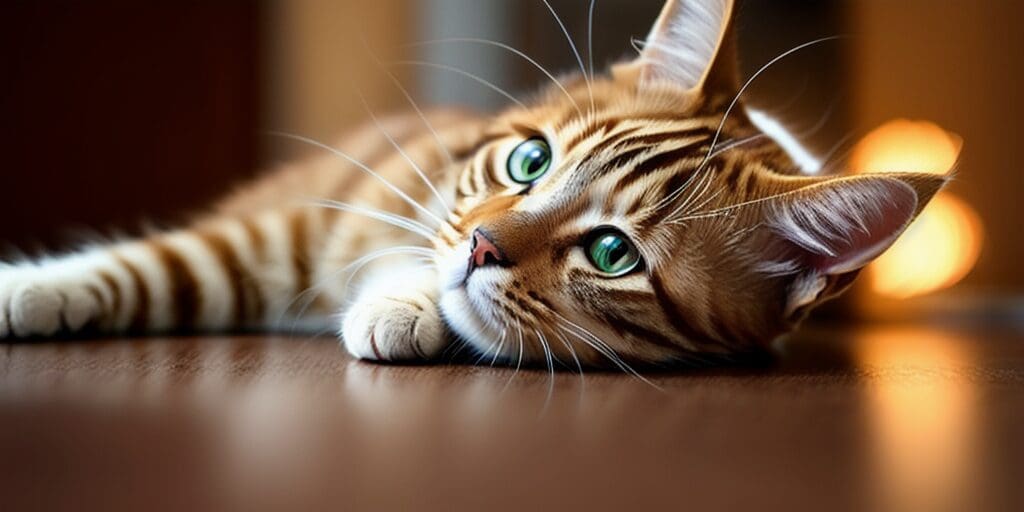 A ginger cat is lying on a wooden floor. The cat has green eyes and white paws.