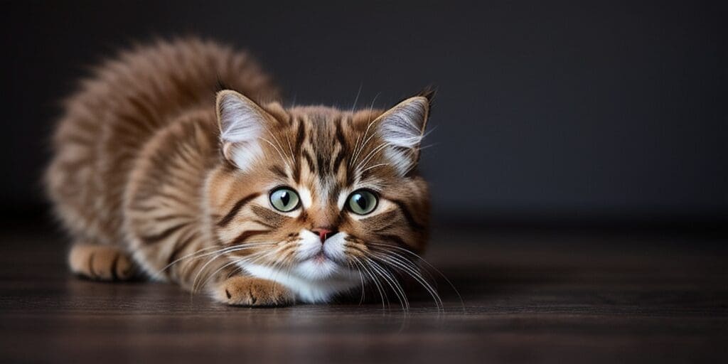 A brown tabby cat is crouched on the ground, looking at the camera with wide green eyes.