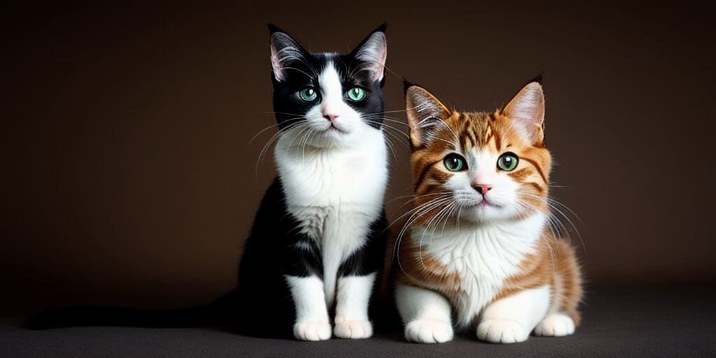A black and white cat and an orange and white cat are sitting next to each other on a brown background. The cats are both looking at the camera.