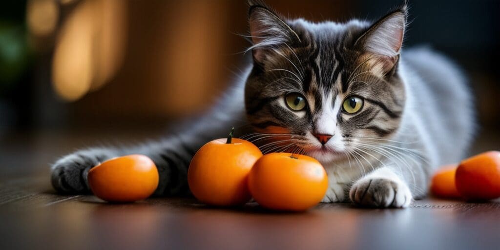 A cat is lying on the floor next to a pile of tangerines. The cat has one paw on a tangerine and is looking at the camera.