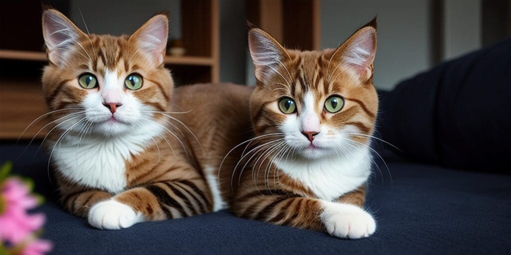 Two tabby cats with white paws and green eyes are sitting on a black couch.
