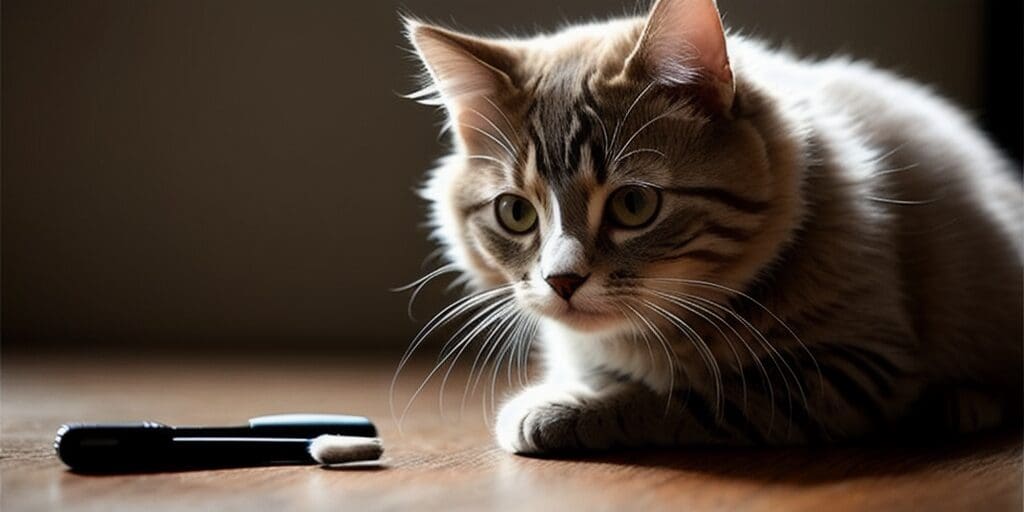 A cat is sitting on a wooden table. The cat is looking at a black and silver makeup brush. The cat is brown and white, with green eyes.