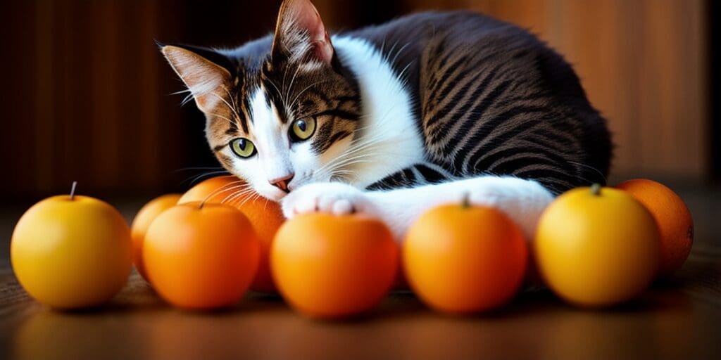 A cat is lying on a wooden table with a pile of oranges around it. The cat is looking at the camera.