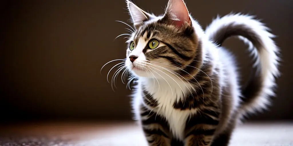 A brown tabby cat with white paws and a white belly is standing on the floor and looking away from the camera. The cat has green eyes and a pink nose. Its tail is up and fluffy.
