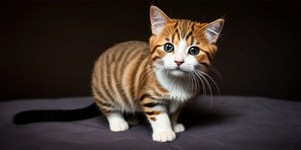 A cute tabby kitten with wide green eyes is sitting on a gray cloth. The kitten has a unique coat pattern with dark brown stripes on its orange fur.