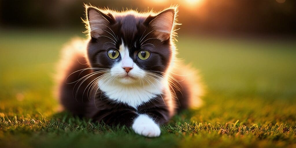 A black and white cat is sitting in the grass. The cat is looking at the camera. The sun is setting in the background.
