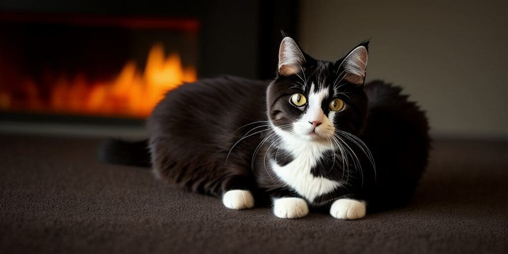 A black and white cat is sitting in front of a fireplace. The cat is looking at the camera with its green eyes. The fire is burning brightly in the background, and the cat is illuminated by the warm light.