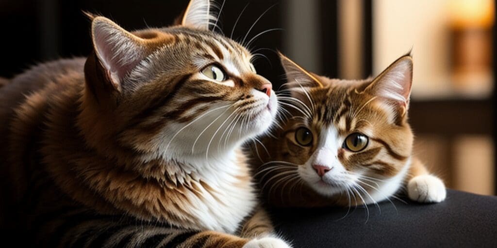 A brown tabby cat and a calico cat are sitting next to each other on a black couch. The tabby cat is looking up at something, while the calico cat is looking at the tabby cat.