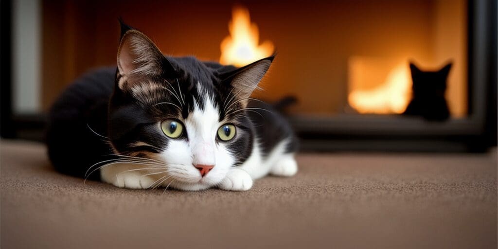 A black and white cat is lying in front of a fireplace. The cat has green eyes and is looking at the camera. The fireplace is lit and there is a small flame.