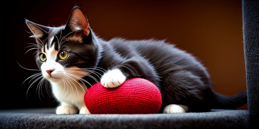 A black and white cat with green eyes is sitting on a gray cloth surface. The cat has a red ball of yarn in front of it and is looking away from the camera. The background is dark brown.