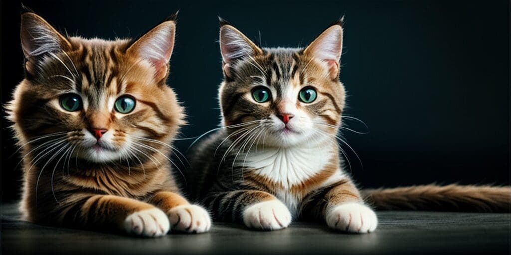 Two cute cats with green eyes are sitting next to each other on a dark background.