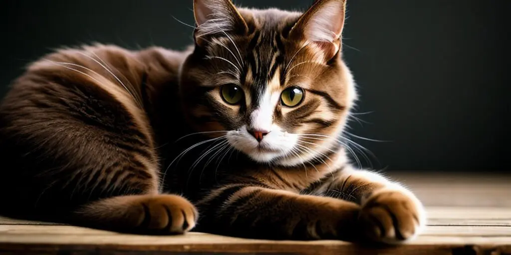 A brown tabby cat is lying on a wooden table. The cat has green eyes and is looking at the camera.