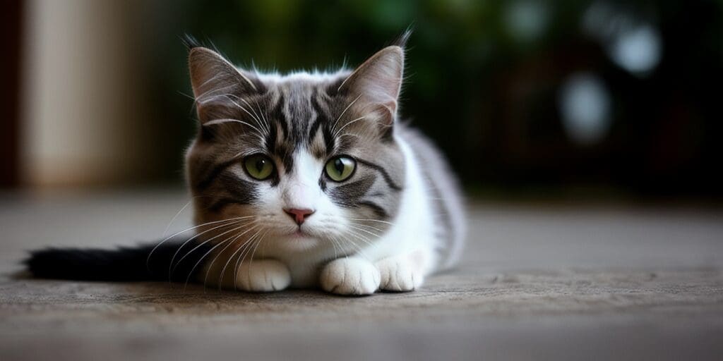 A gray and white cat is sitting on the ground, looking at the camera with wide green eyes. The cat has a white belly and paws, a gray tail, and gray patches on its face. The background is blurry and looks like a wall.