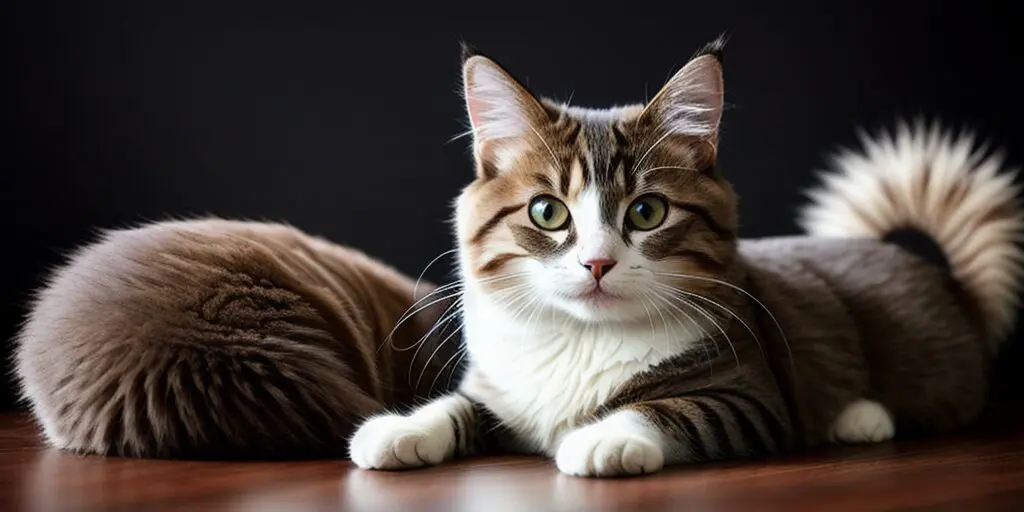 A fluffy tabby cat with big green eyes is sitting on a wooden table. The cat has a long tail and is looking at the camera.