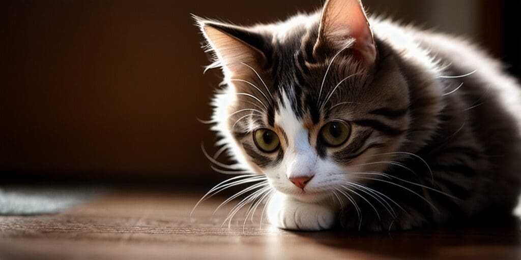A cute tabby cat is sitting on the floor and looking at the camera. The cat has big green eyes, a pink nose, and long, white whiskers. Its fur is soft and fluffy. The cat is in a dark room, but the light from the window is shining on its face. The cat is very still and seems to be thinking about something.