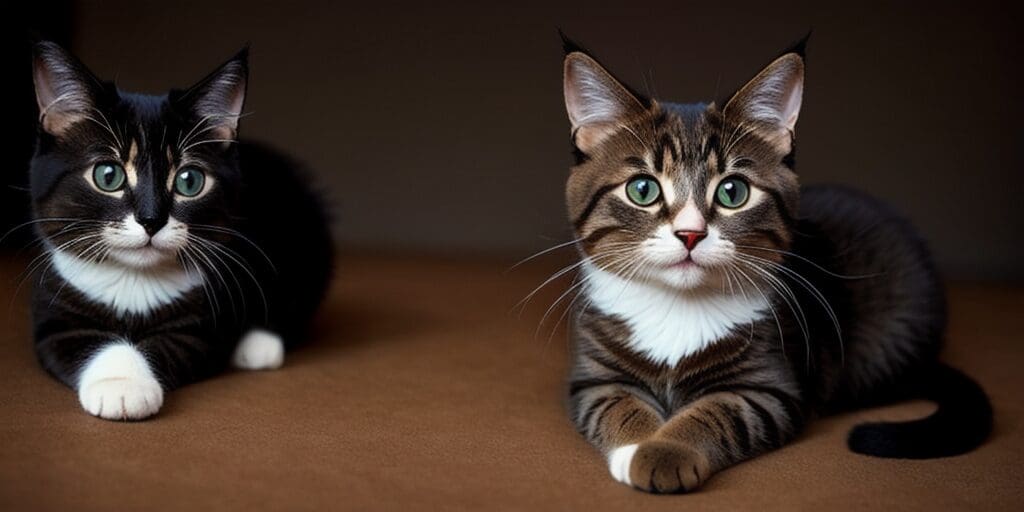 Two cats are sitting on a brown surface. The cat on the left is black with a white belly and paws, and the cat on the right is brown with a white belly and paws.