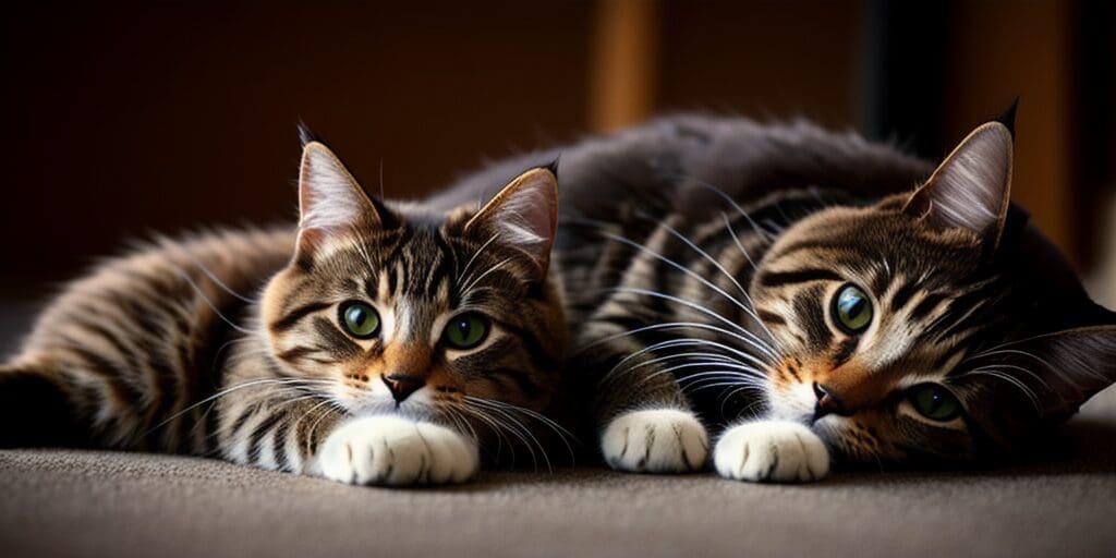 Two cute tabby cats are lying on a brown surface. The cats are looking at the camera with their green eyes.