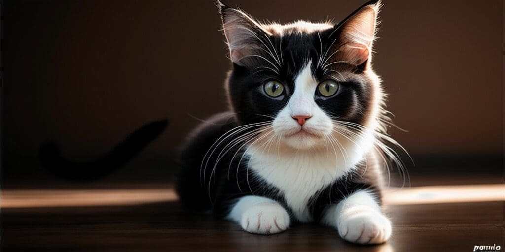 A black and white cat is sitting on a wooden floor. The cat has green eyes and is looking at the camera.