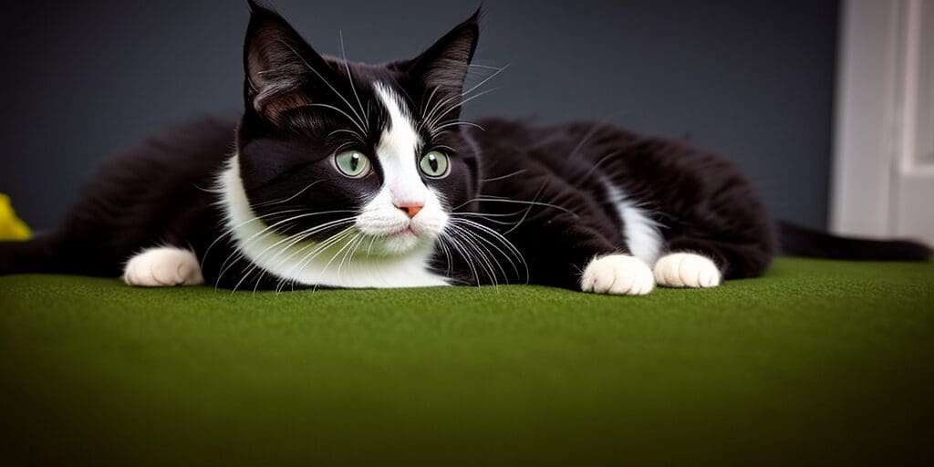 A black and white cat is lying on a green carpet. The cat has green eyes and is looking to the right.