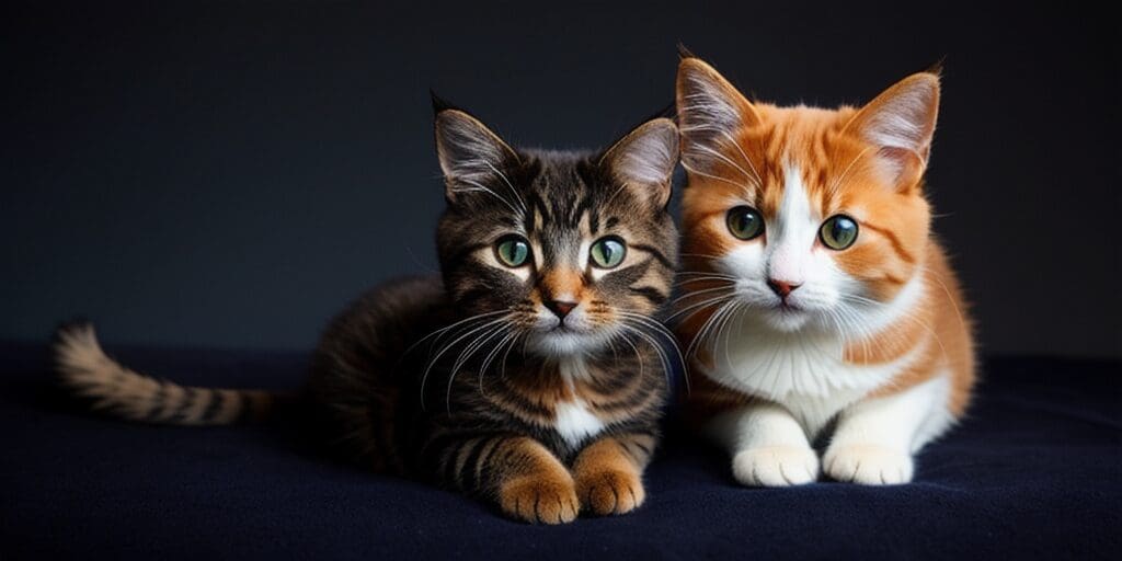A tabby cat and a ginger cat are sitting next to each other on a black background.