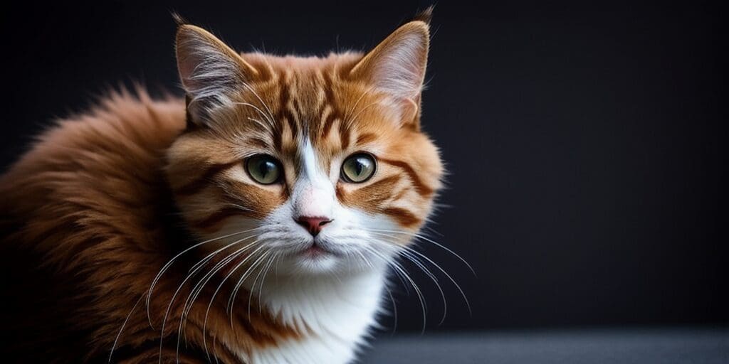 A ginger and white cat is sitting on a black surface. The cat has green eyes and is looking at the camera.