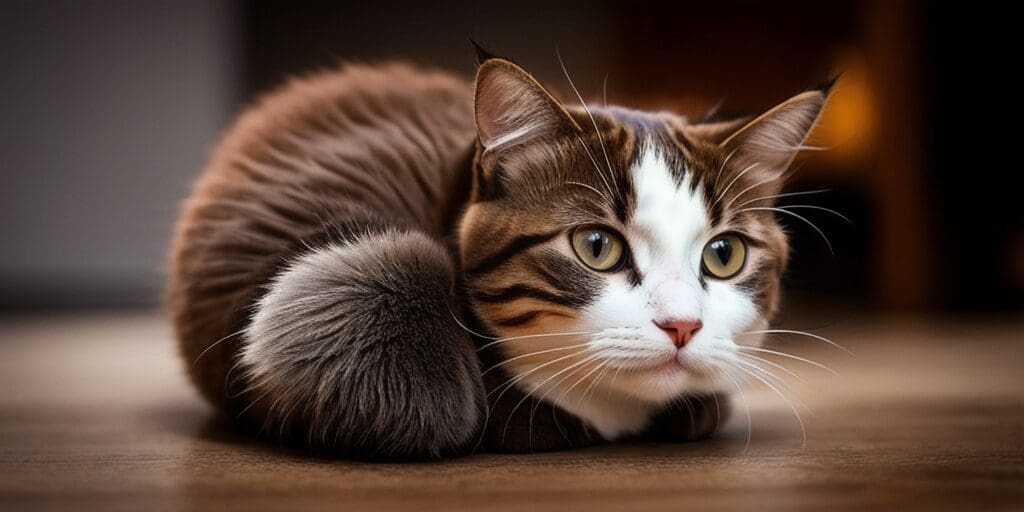 A brown and white cat is sitting on the floor. The cat has its tail wrapped around its paws and is looking off to the side. The cat is in focus and the background is blurry.
