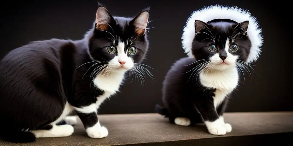 Two black and white cats are sitting on a brown surface. The cat on the left is wearing a white hat. The cat on the right is not wearing a hat.