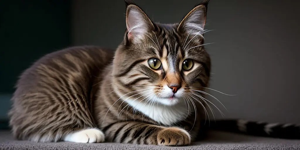 A brown tabby cat with white paws and a white belly is lying on a gray carpet. The cat has green eyes and is looking at the camera.