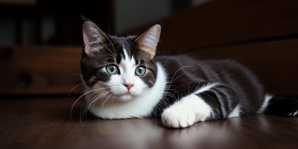 A close-up image of a cat lying on the floor. The cat has green eyes and is looking at the camera.