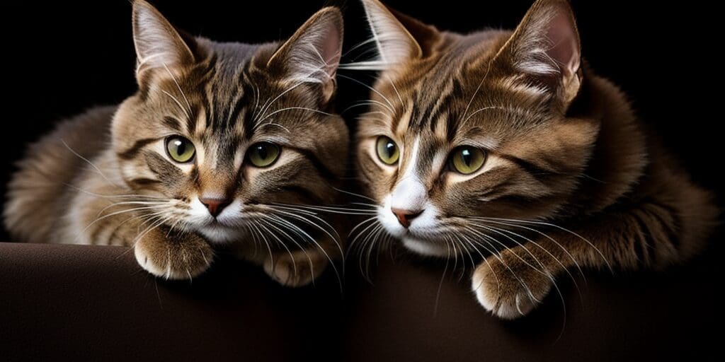 Two tabby cats with green eyes are resting on a brown surface. The cats are looking at the camera.