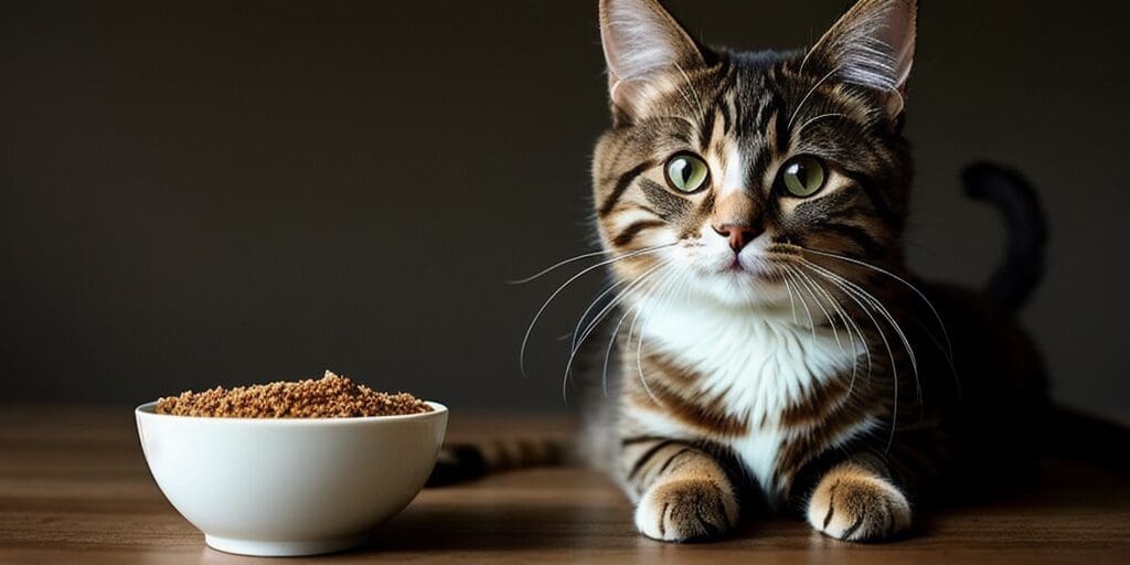 A cat sits next to a bowl of dry food, looking at the camera with wide eyes.