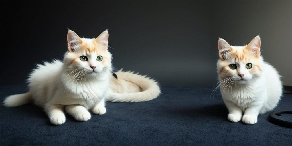 Two fluffy white and ginger cats sitting side by side on a dark grey carpet against a dark grey background.