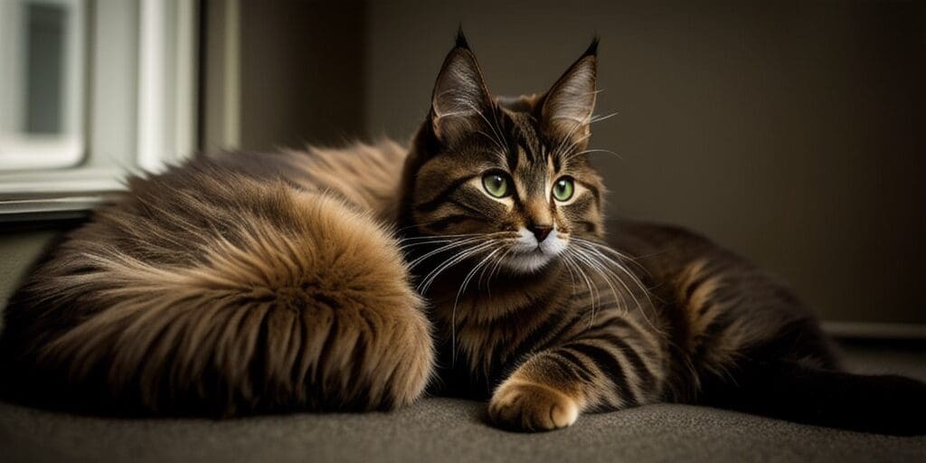 A brown tabby Maine Coon cat is lying on a gray carpet. The cat has green eyes and a long, fluffy tail.