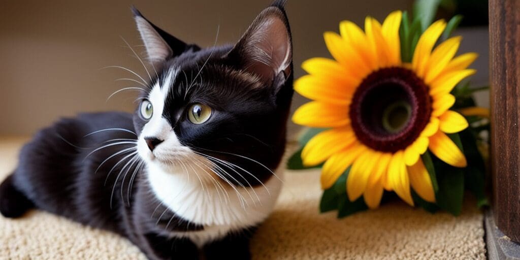 A black and white cat is sitting next to a large sunflower. The cat is looking away from the sunflower.